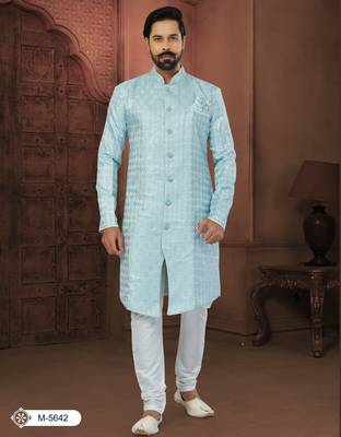 Sky Blue Banarasi Jackard Havy Classic With Fancy Button For Mens 1