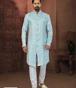 Sky Blue Banarasi Jackard Havy Classic With Fancy Button For Mens