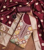 Maroon jacquard embroidered salwar suit material with woven dupatta