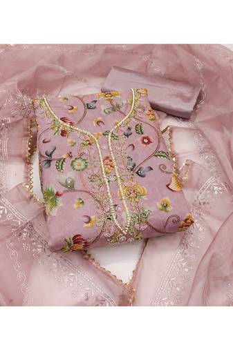 Elegant pink floral embroidered organza salwar suit material with pearl accents
