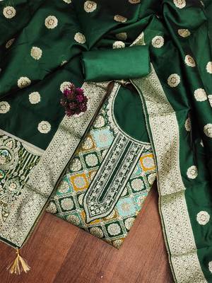 Royal green jacquard embroidered salwar suit material with woven dupatta 1