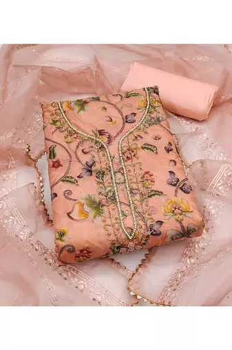Elegant peach floral embroidered organza salwar suit material with pearl accents