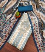 Classic blue & cream ethnic printed organza salwar suit material with elegant floral motifs