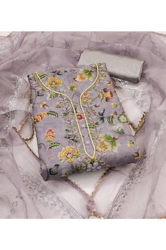 Elegant light lavender floral embroidered organza salwar suit material with pearl accents