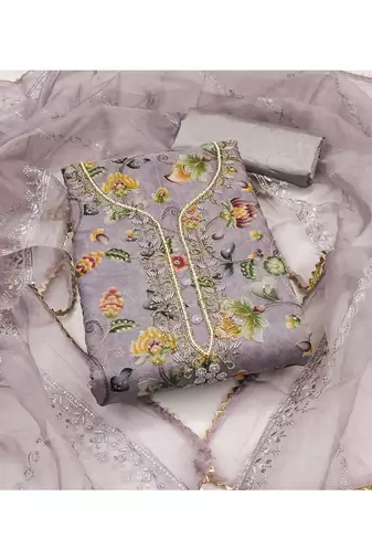 Elegant light lavender floral embroidered organza salwar suit material with pearl accents