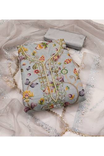 Elegant grey floral embroidered organza salwar suit material with pearl accents