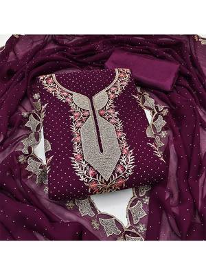 Designer wine georgette embroidered salwar suit material with statement neckline 1