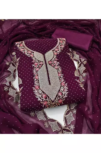 Designer wine georgette embroidered salwar suit material with statement neckline