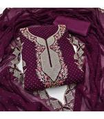 Designer wine georgette embroidered salwar suit material with statement neckline