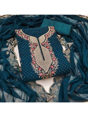 Designer morpich blue georgette embroidered salwar suit material with statement neckline 1