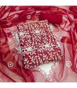 red embroidered organza salwar suit with floral motifs & scallop detailing