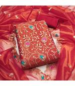 Orange embroidered organza salwar suit material with golden thread & sequin work