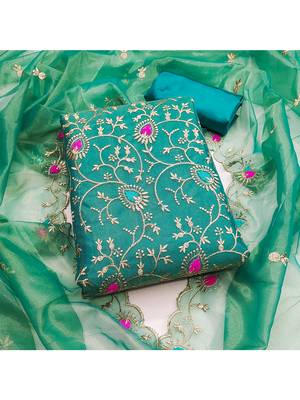 Teal embroidered organza salwar suit material with golden thread & sequin work 1