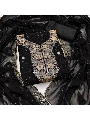 black embroidered georgette salwar suit material with mirror & zari work 1