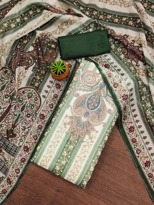 Classic dark green ethnic printed organza salwar suit material with floral motifs 1