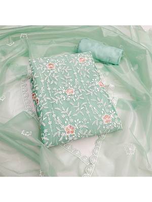sea green embroidered organza salwar suit with floral motifs & scallop detailing 1