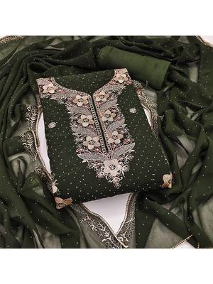 mehendi green embroidered georgette salwar suit material with mirror & zari work 1