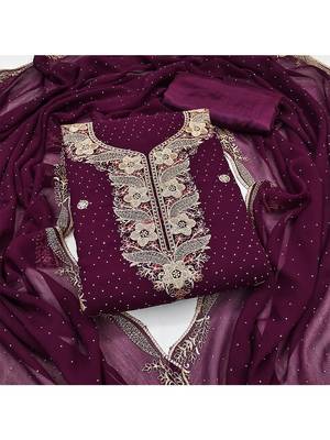 wine embroidered georgette salwar suit material with mirror & zari work 1
