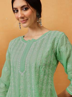 Hand embroidered dark sea green cotton lucknowi chikankari anarkali a-line kurta 6
