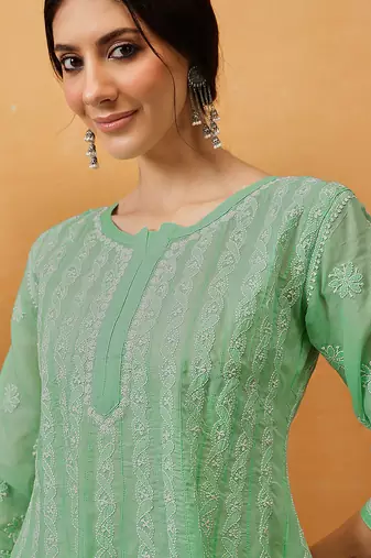 Hand embroidered dark sea green cotton lucknowi chikankari anarkali a-line kurta