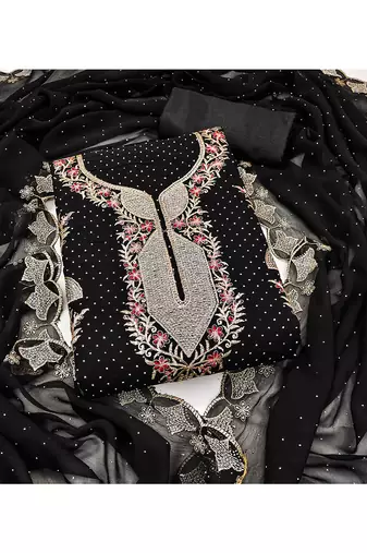 Designer black georgette embroidered salwar suit material with statement neckline
