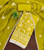 lime green chanderi cotton salwar suit material with white thread embroidery