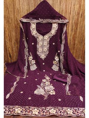 wine embroidered georgette salwar suit material with mirror & zari work 2