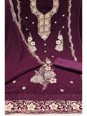 wine embroidered georgette salwar suit material with mirror & zari work 3