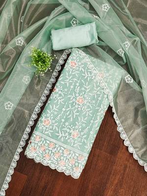 sea green embroidered organza salwar suit with floral motifs & scallop detailing 2