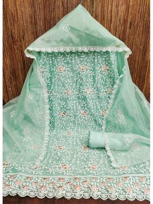 sea green embroidered organza salwar suit with floral motifs & scallop detailing 3