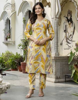 Trendmalls yellow printed kurta pant embroidery neck work kurta set 1