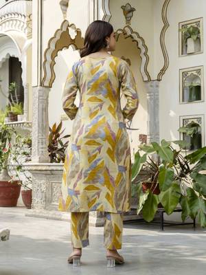 Trendmalls yellow printed kurta pant embroidery neck work kurta set 2
