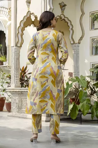 Trendmalls yellow printed kurta pant embroidery neck work kurta set