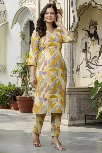 Trendmalls yellow printed kurta pant embroidery neck work kurta set