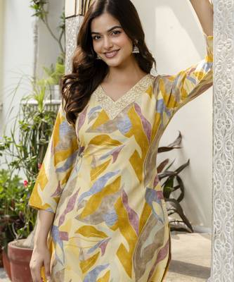 Trendmalls yellow printed kurta pant embroidery neck work kurta set 4