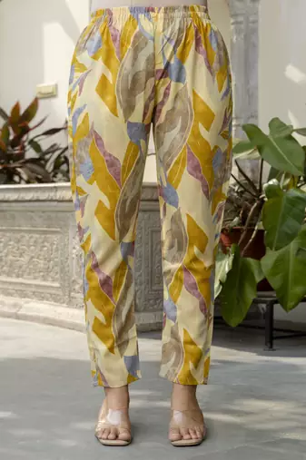 Trendmalls yellow printed kurta pant embroidery neck work kurta set