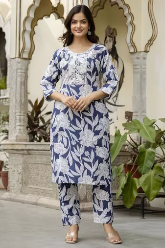 Blue printed kurta pant embroidery neck work kurta set