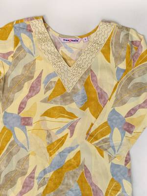 Trendmalls yellow printed kurta pant embroidery neck work kurta set 6