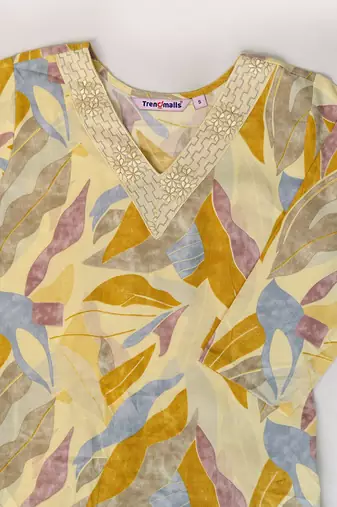 Trendmalls yellow printed kurta pant embroidery neck work kurta set