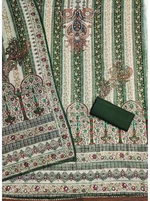 Classic dark green ethnic printed organza salwar suit material with floral motifs 3