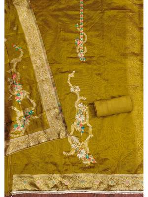 mustard jacquard embroidered salwar suit material with rich woven dupatta 3