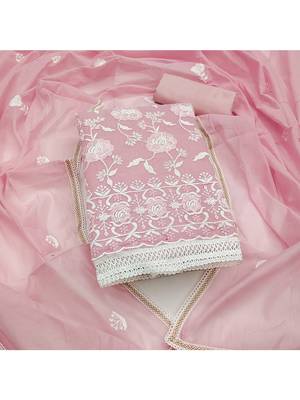 pink chanderi cotton salwar suit material with white thread embroidery 2