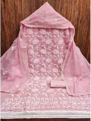 pink chanderi cotton salwar suit material with white thread embroidery 3