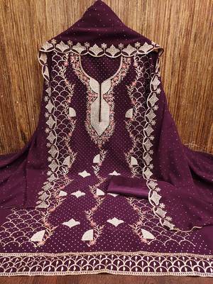 Designer wine georgette embroidered salwar suit material with statement neckline 2