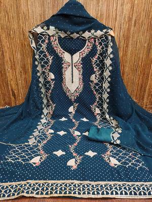 Designer morpich blue georgette embroidered salwar suit material with statement neckline 2