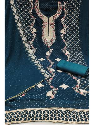 Designer morpich blue georgette embroidered salwar suit material with statement neckline 3
