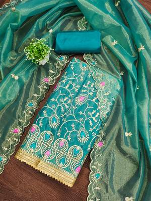 Teal embroidered organza salwar suit material with golden thread & sequin work 2