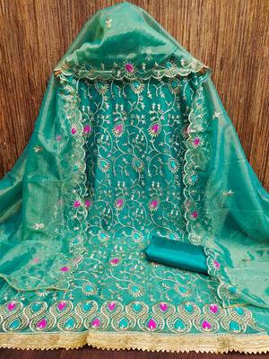 Teal embroidered organza salwar suit material with golden thread & sequin work 3