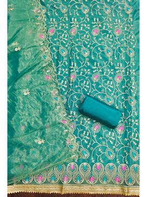 Teal embroidered organza salwar suit material with golden thread & sequin work 4