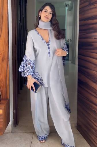 Sky Blue Crepe Top with Palazzo and Dupatta Set